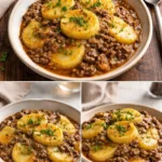 Delicious crockpot hamburger potato casserole with melted cheese and herbs