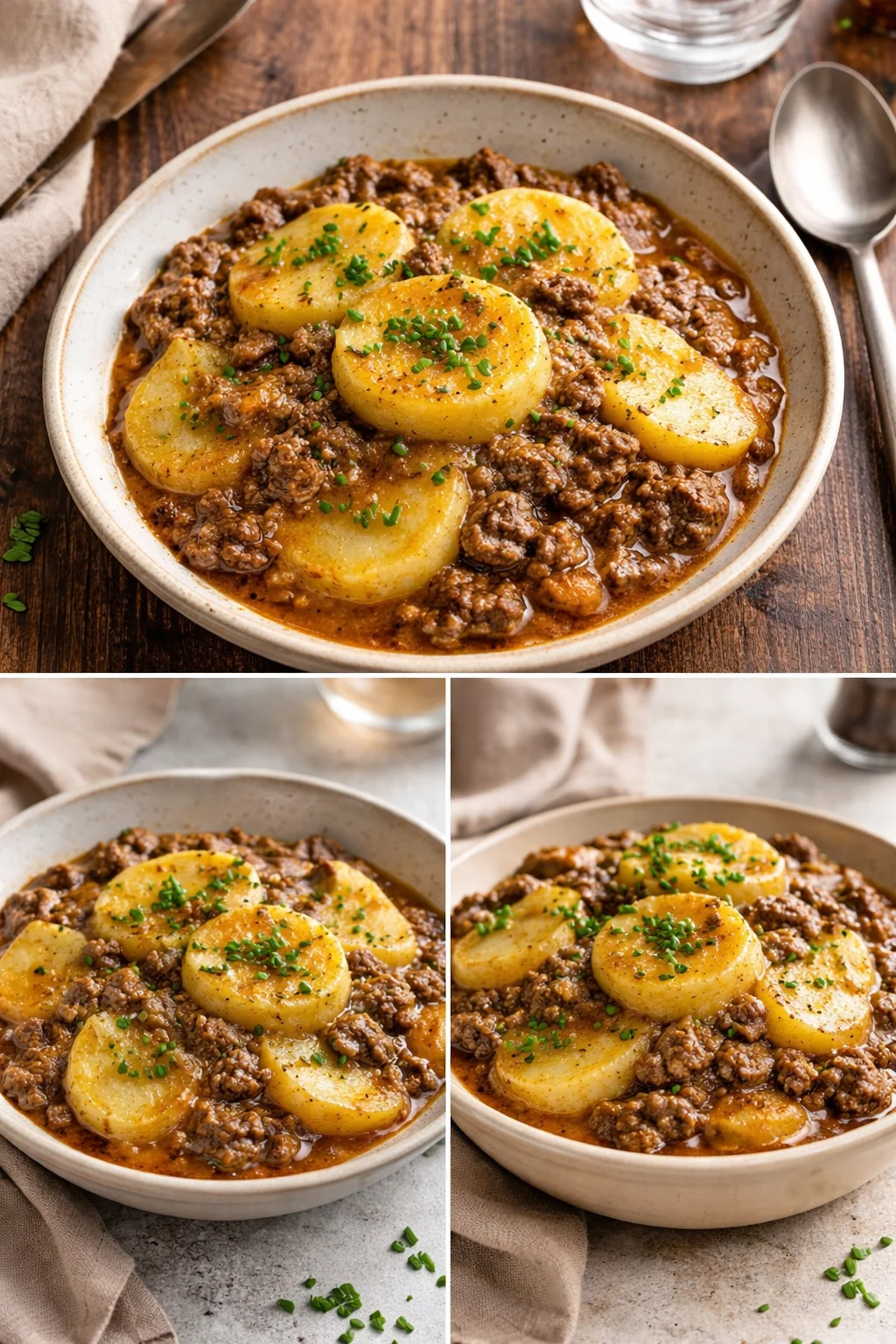 Delicious crockpot hamburger potato casserole with melted cheese and herbs