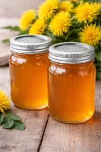 Homemade Dandelion Jelly in a jar with dandelion flowers around it.