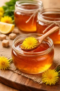 Homemade dandelion jelly in a glass jar with flowers and bread.