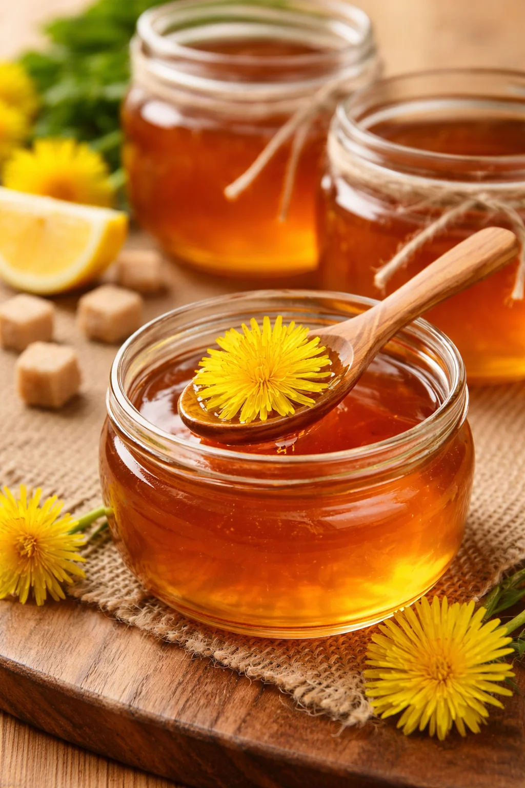 Homemade dandelion jelly in a glass jar with flowers and bread.