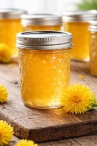 Jar of homemade Dandelion Jelly with fresh dandelions in the background
