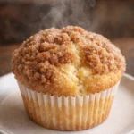 Freshly baked easy coffee cake muffins on a wooden table.