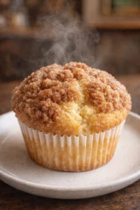 Freshly baked easy coffee cake muffins on a wooden table.