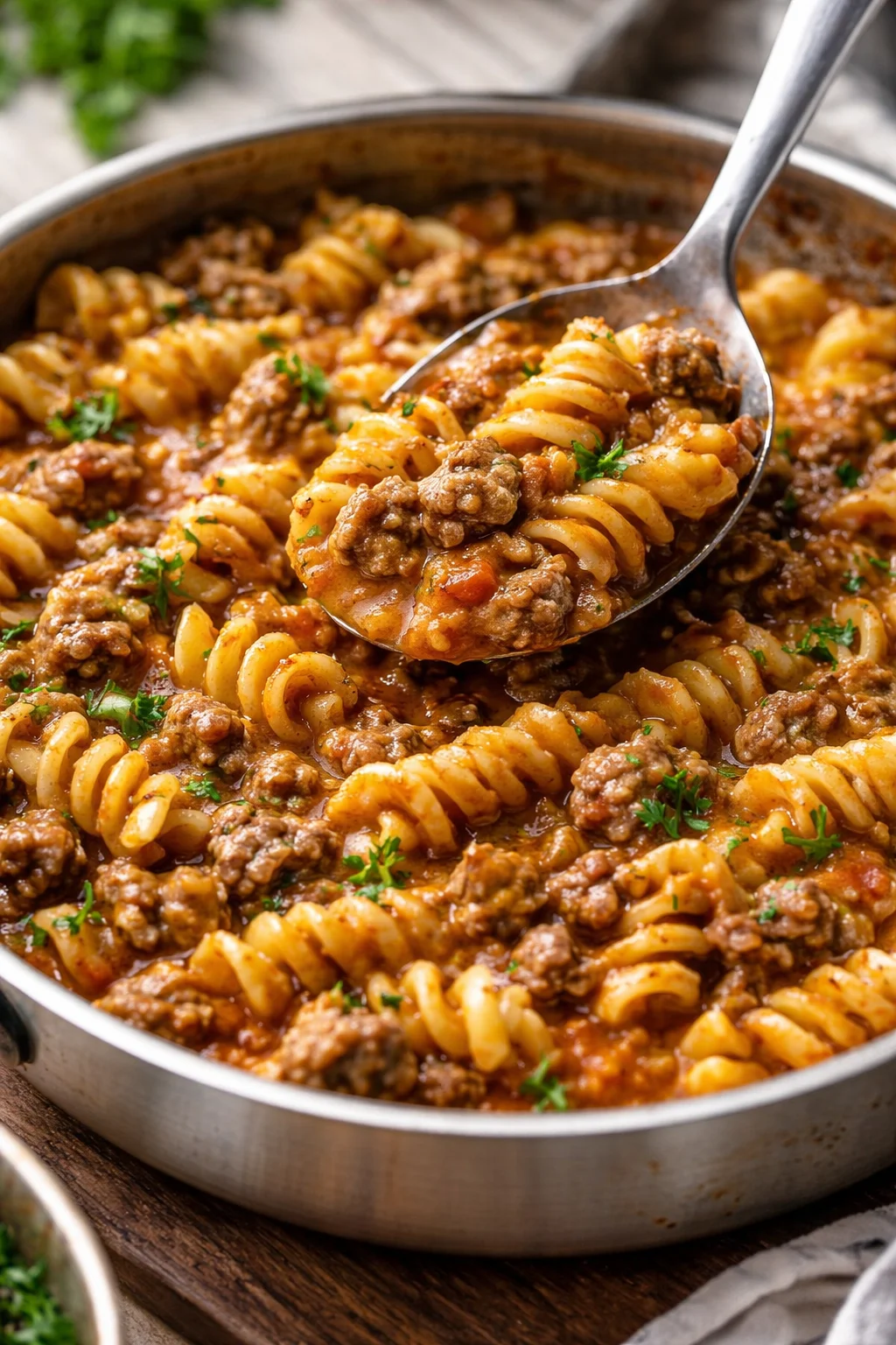 Delicious creamy garlic beef pasta served in a bowl with fresh herbs.