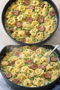 One-pot creamy kielbasa tortellini skillet with fresh ingredients in a pan