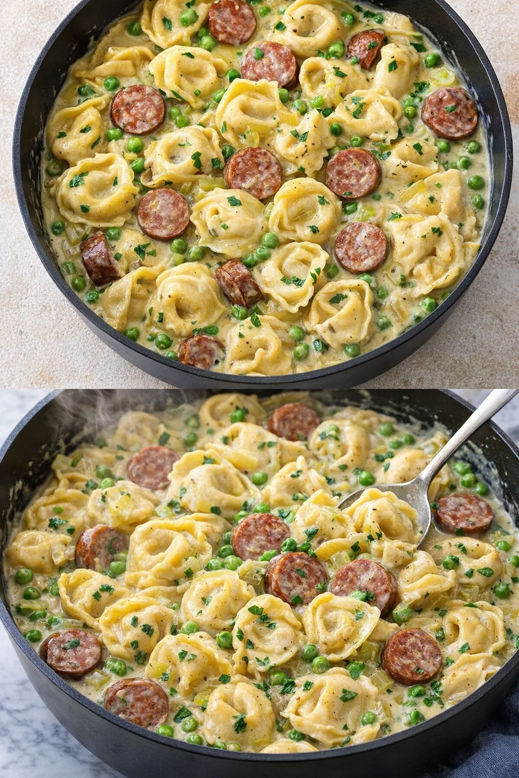 One-pot creamy kielbasa tortellini skillet with fresh ingredients in a pan