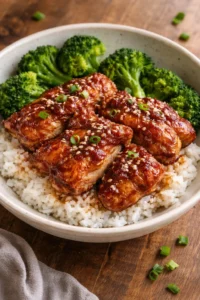 Delicious soy garlic chicken thighs served with a side of vegetables