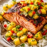 Fresh salmon fillet served with mango salsa garnish