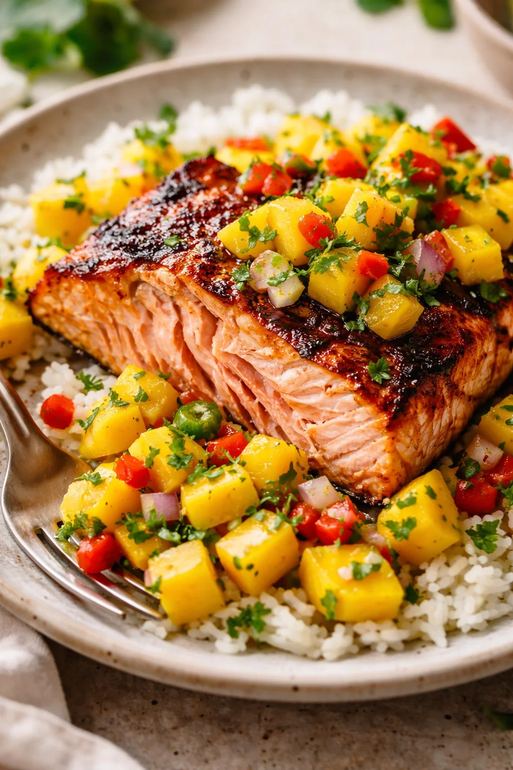 Fresh salmon fillet served with mango salsa garnish