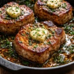 Delicious garlic butter pan-seared pork chops served on a plate