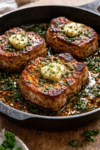 Delicious garlic butter pan-seared pork chops served on a plate