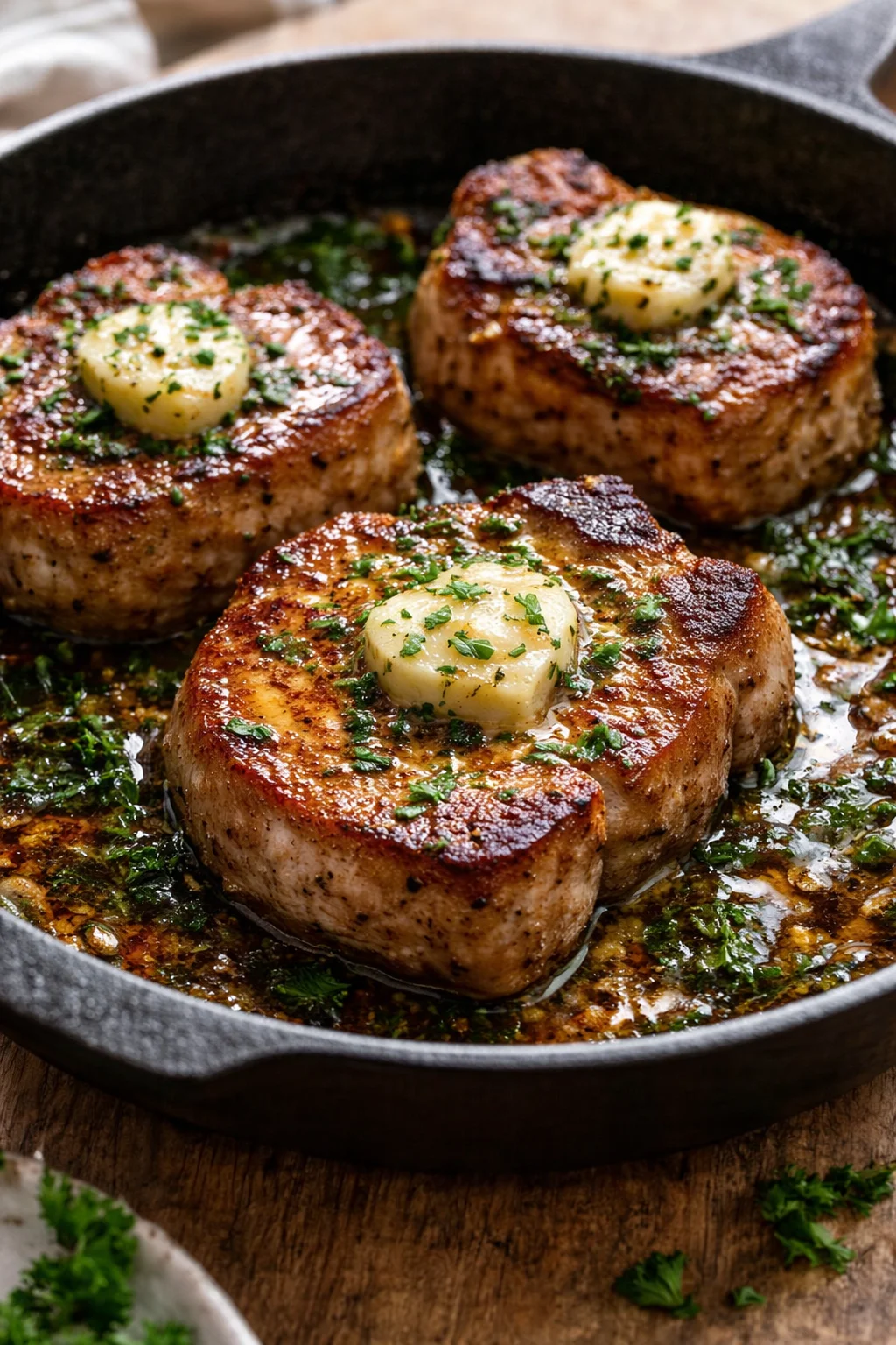 Delicious garlic butter pan-seared pork chops served on a plate