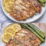 Grilled lemon chicken garnished with fresh herbs and lemon slices on a plate