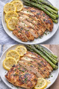 Grilled lemon chicken garnished with fresh herbs and lemon slices on a plate