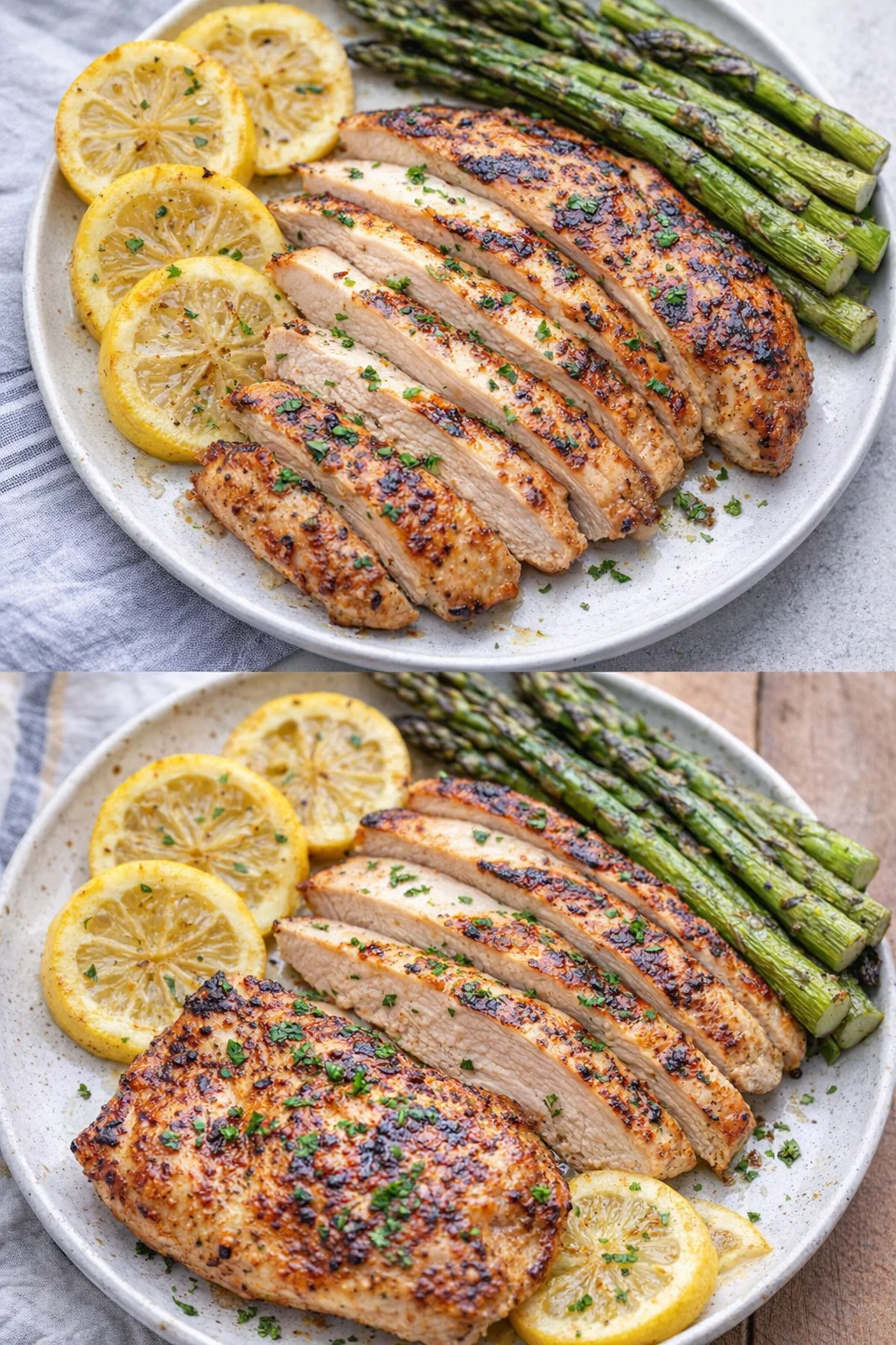 Grilled lemon chicken garnished with fresh herbs and lemon slices on a plate