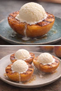 Deliciously grilled peaches on a plate, perfect for a summer dessert or snack.