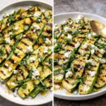 Grilled zucchini with goat cheese, basil, and honey served on a white plate