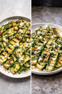 Grilled zucchini with goat cheese, basil, and honey served on a white plate