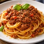 Plate of Ground Beef Pasta topped with parmesan and herbs