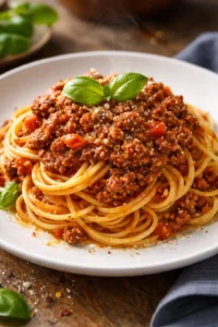 Plate of Ground Beef Pasta topped with parmesan and herbs