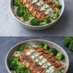 Healthy grilled chicken broccoli bowl with creamy garlic sauce