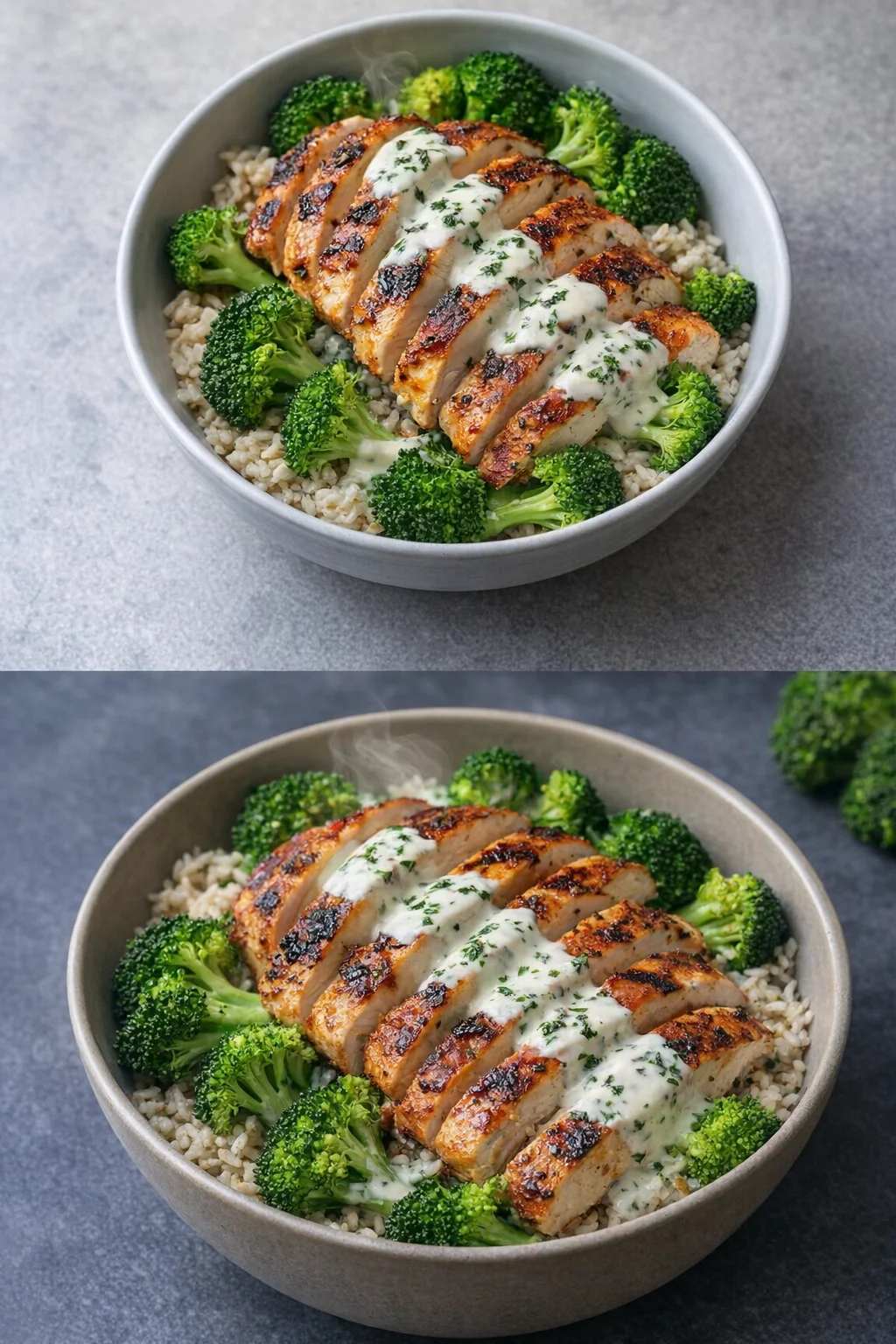 Healthy grilled chicken broccoli bowl with creamy garlic sauce