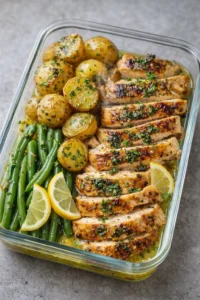 Healthy lemon garlic chicken meal prep bowls with fresh vegetables