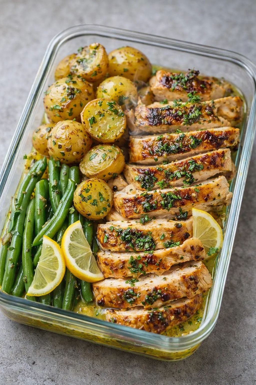 Healthy lemon garlic chicken meal prep bowls with fresh vegetables