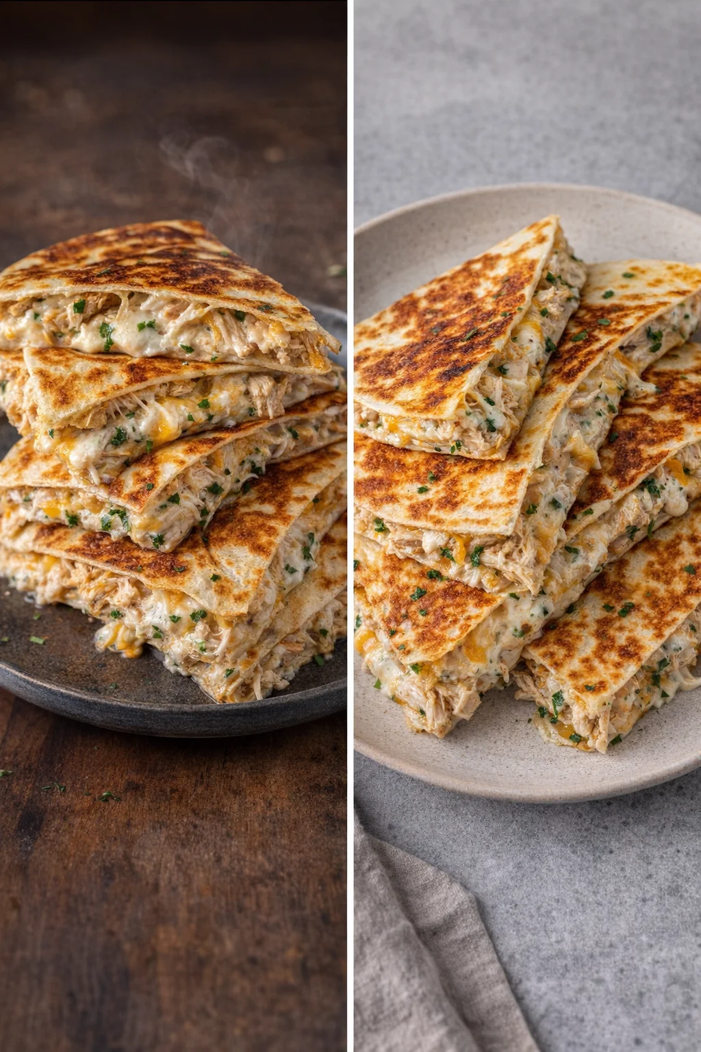 High-protein chicken ranch quesadilla with melted cheese and fresh ingredients