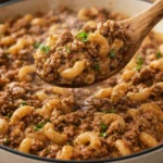 Delicious plate of homemade Hamburger Helper with ground beef and pasta