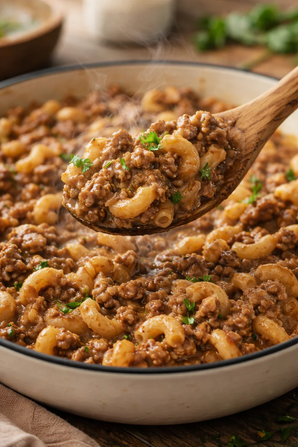 Delicious plate of homemade Hamburger Helper with ground beef and pasta
