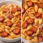 Delicious Honey BBQ Kielbasa Pasta served in a bowl with herbs and spices.
