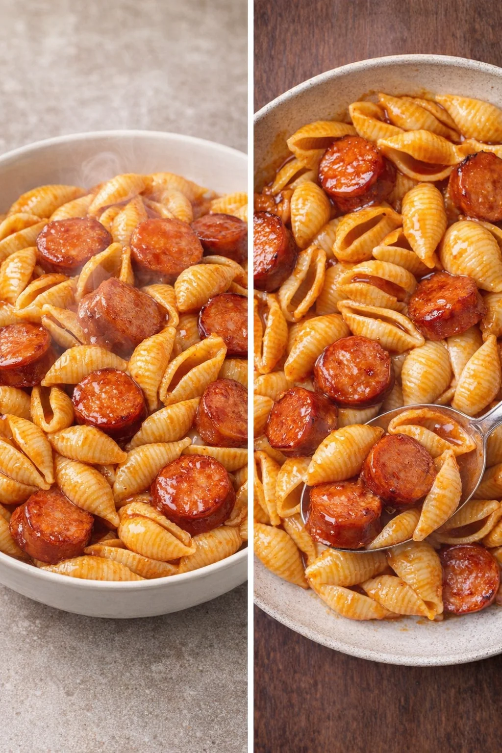 Delicious Honey BBQ Kielbasa Pasta served in a bowl with herbs and spices.