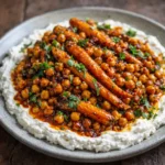 Honey Harissa Carrots garnished with whipped feta cheese