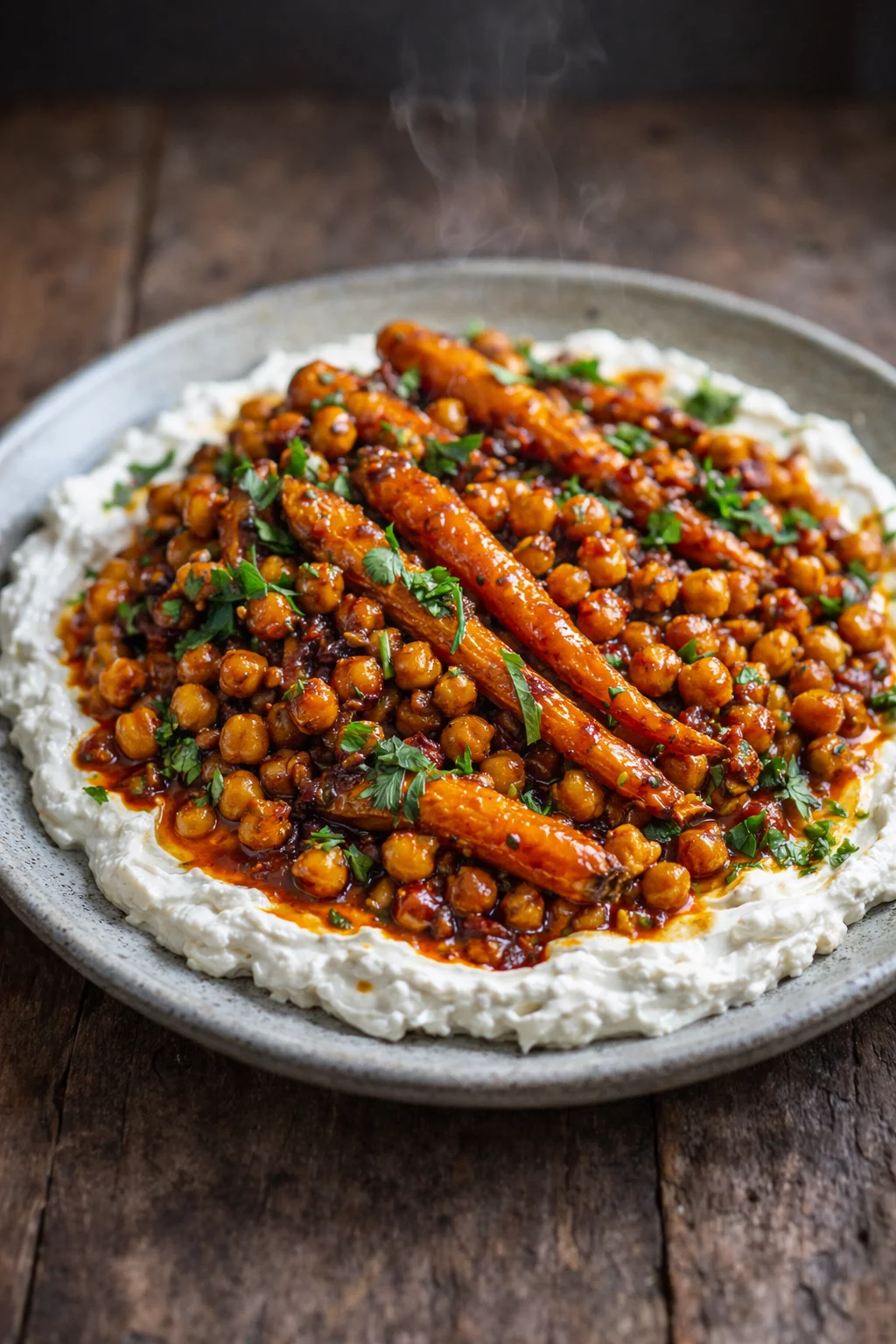 Honey Harissa Carrots garnished with whipped feta cheese