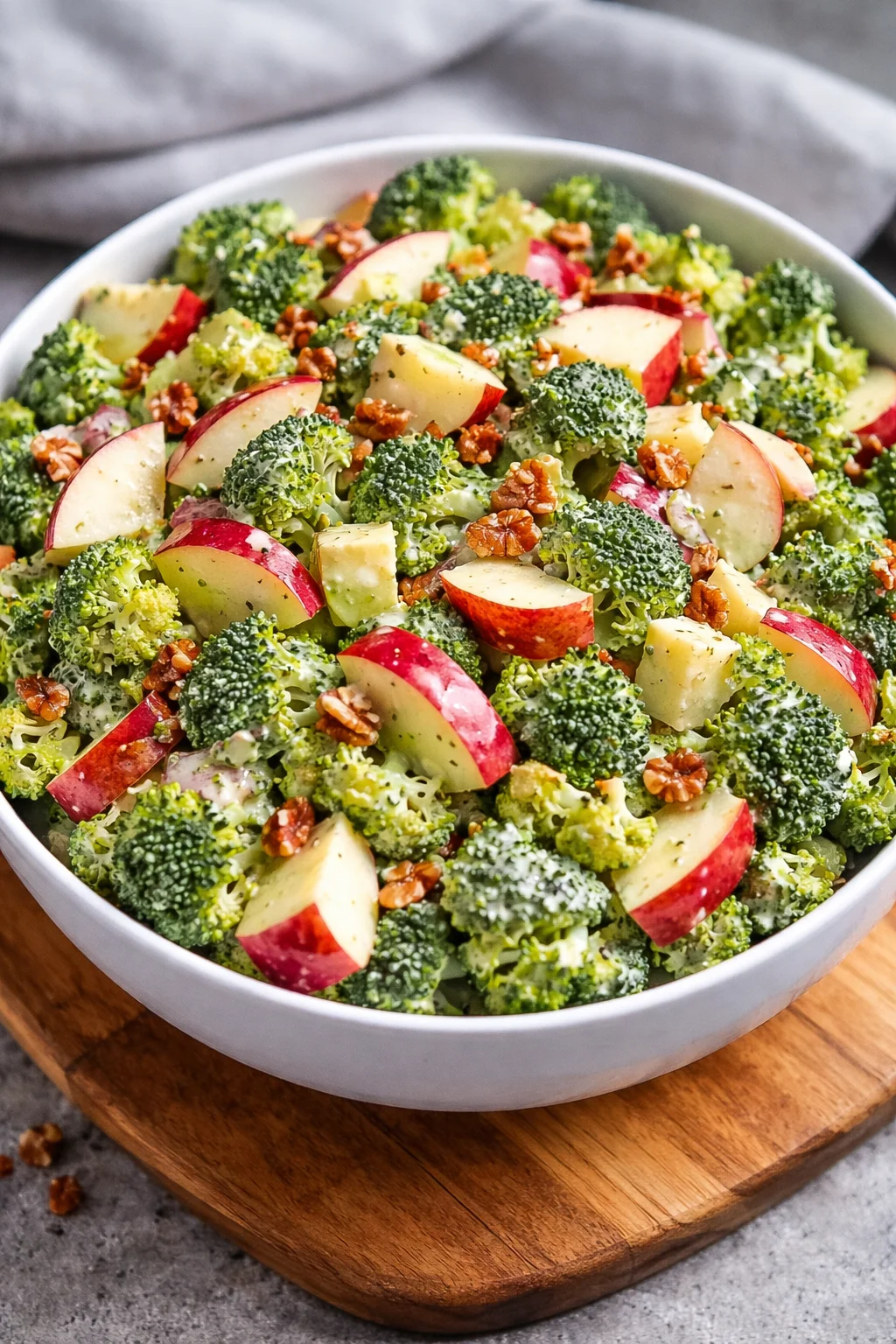 Colorful Honeycrisp Apple Broccoli Salad with nuts, cheese, and dressing