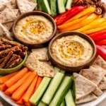 Vibrant hummus snack board with fresh vegetables and crackers