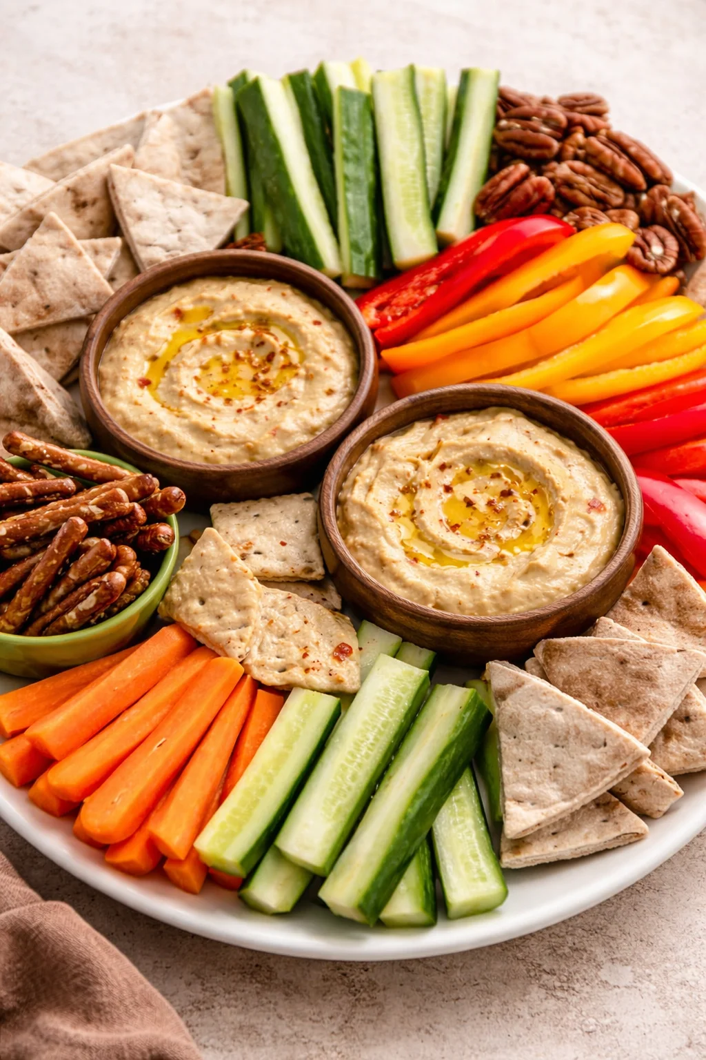 Vibrant hummus snack board with fresh vegetables and crackers