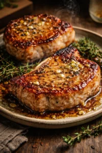 Perfectly cooked juicy pork chops served with sides
