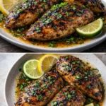 Delicious Key West grilled chicken garnished with herbs and served with sides