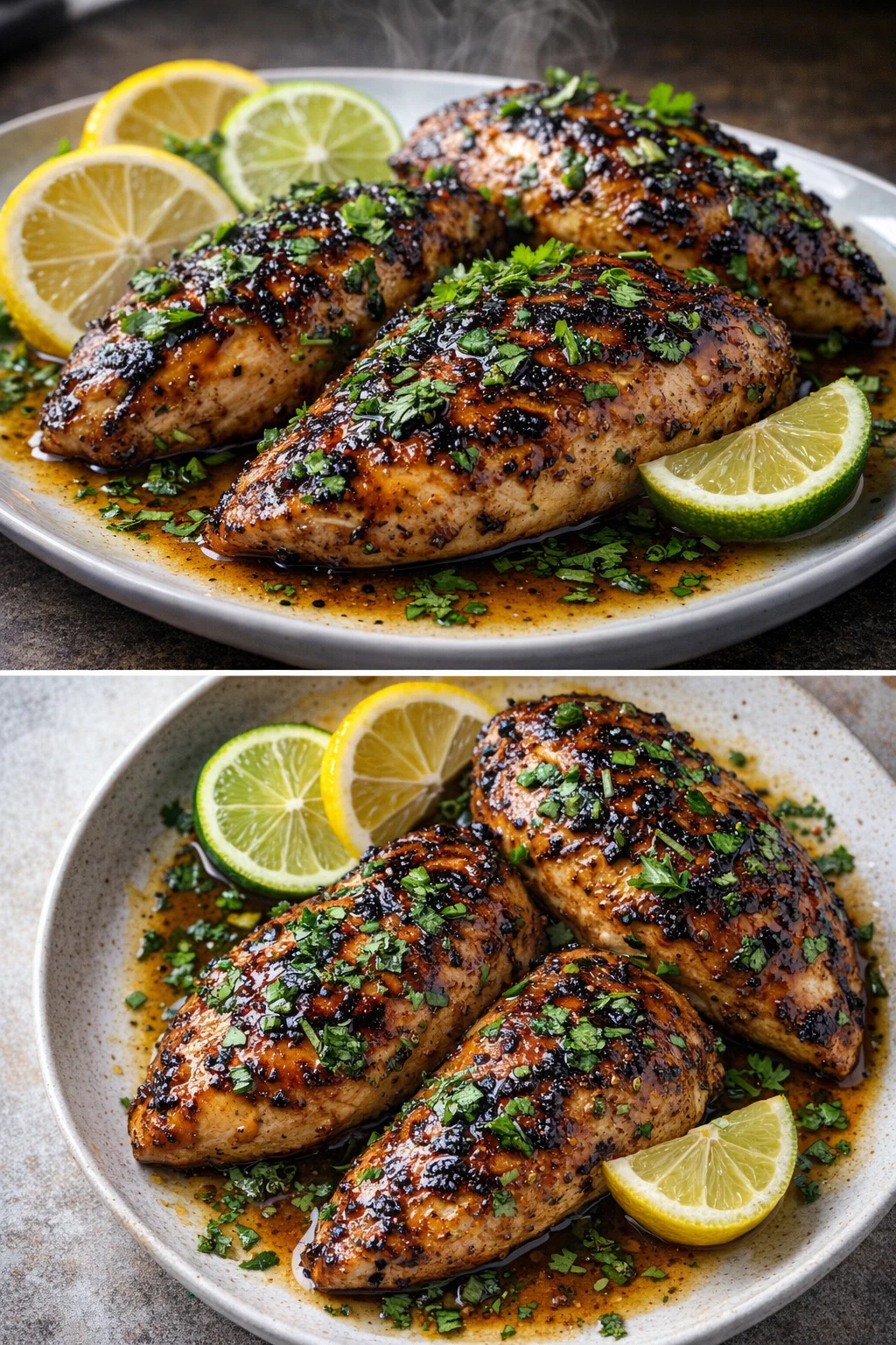 Delicious Key West grilled chicken garnished with herbs and served with sides