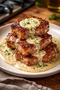 Maple Bacon Pork Chops topped with Dijon Cream Sauce on a plate