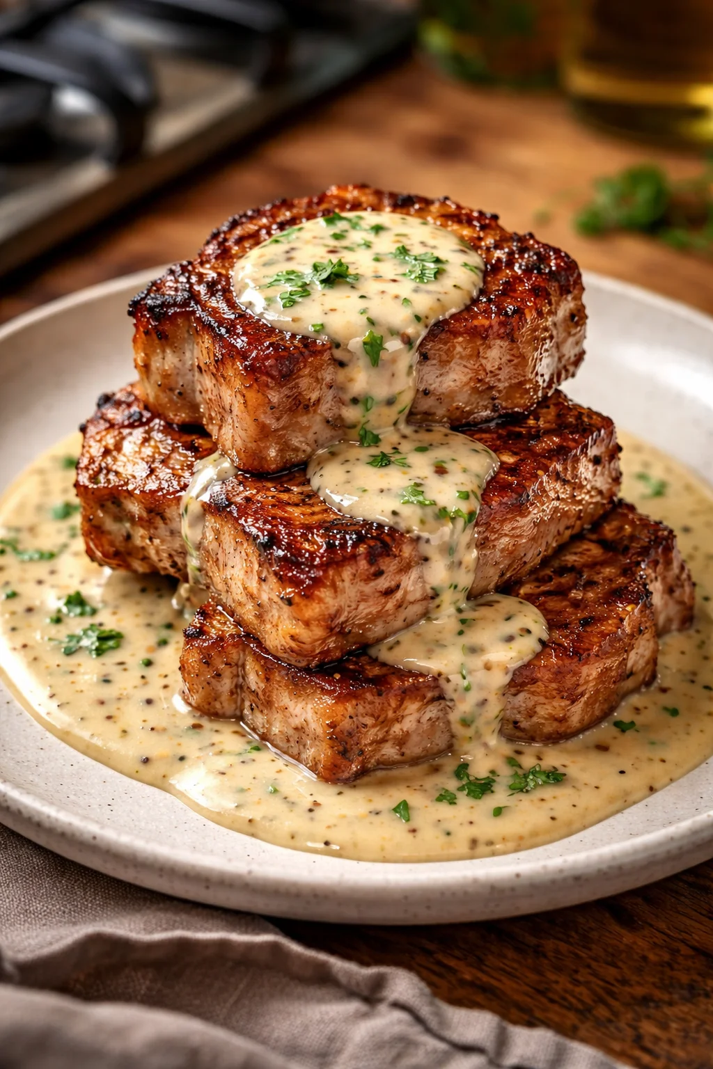 Maple Bacon Pork Chops topped with Dijon Cream Sauce on a plate