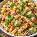 Bowl of colorful Mexican street corn pasta salad with fresh ingredients