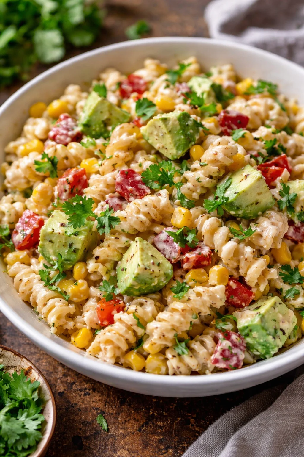 Bowl of colorful Mexican street corn pasta salad with fresh ingredients