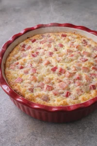 Mom's crustless rhubarb pie served on a plate