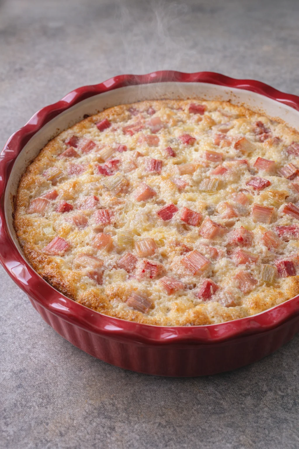 Mom's crustless rhubarb pie served on a plate