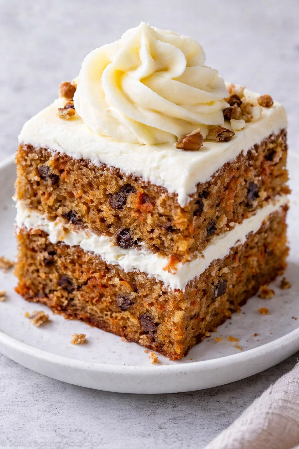 Delicious slice of easy carrot cake with cream cheese frosting