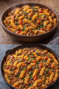 One Pot Beef Taco Pasta served in a bowl with toppings